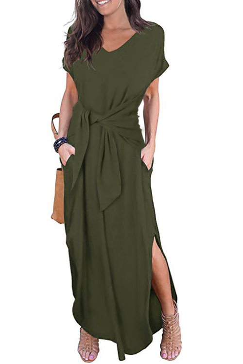 Green Casual Loose Pocket Short Sleeve Split Maxi Dress