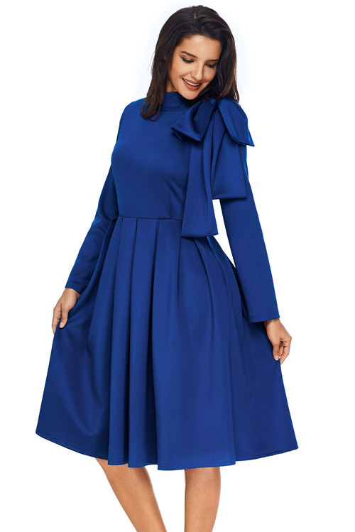 Royal Blue Bowknot Embellished Mock Neck Pocket Dress