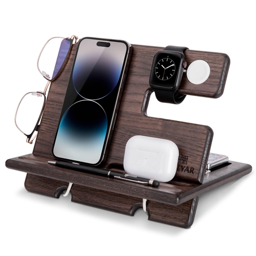 Wood Phone Docking Station Ash Key Holder Wallet Stand Watch Organizer