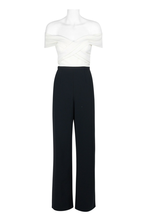 Theia Off Shoulder Crossed Front Banded Zipper Back Crepe Jumpsuit