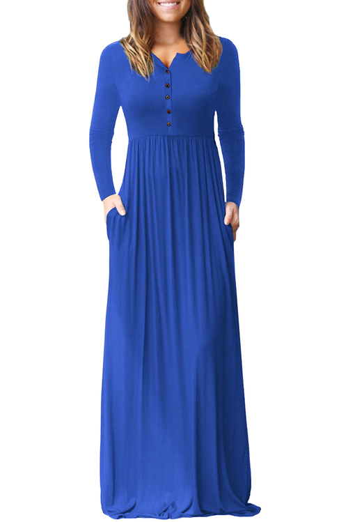 Royal Blue Long Sleeve Button Down Casual Maxi Dress