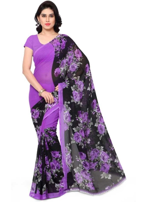 Printed Faux Georgette Purple Color Saree