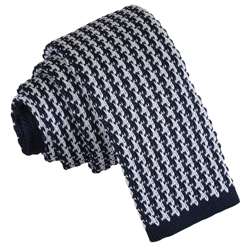 Houndstooth Knitted Skinny Tie - White & Navy