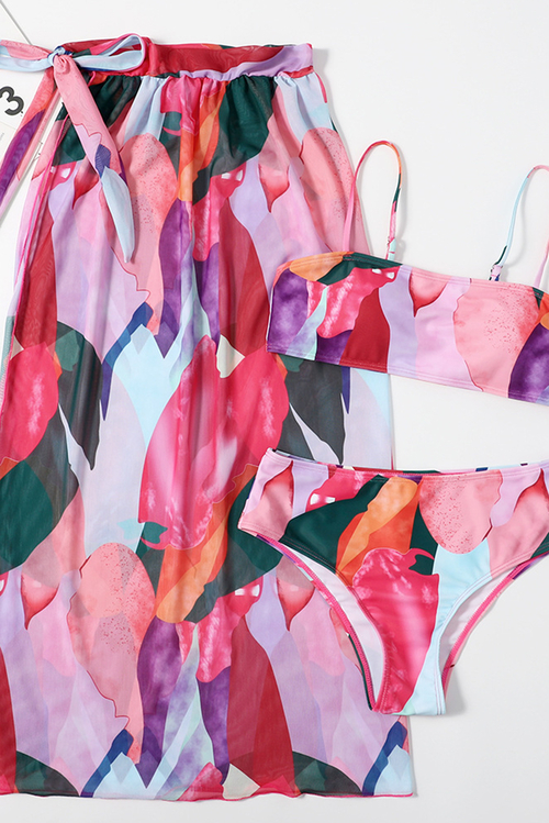 Pink 3pcs Colorblock Print Bikini Set