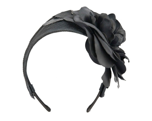 Wide black leather rose headband fascinator