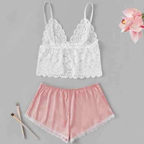 Lace Women Short Pajamas Summer White Pink