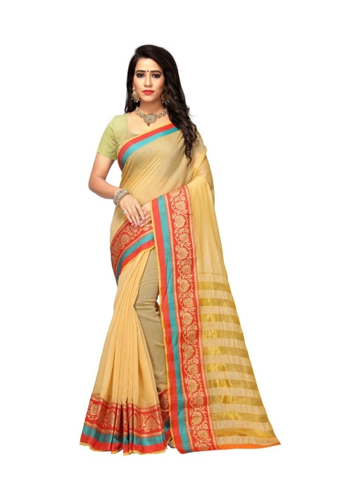 Generic Women's Cotton Silk Saree(Beige, 5.5-6