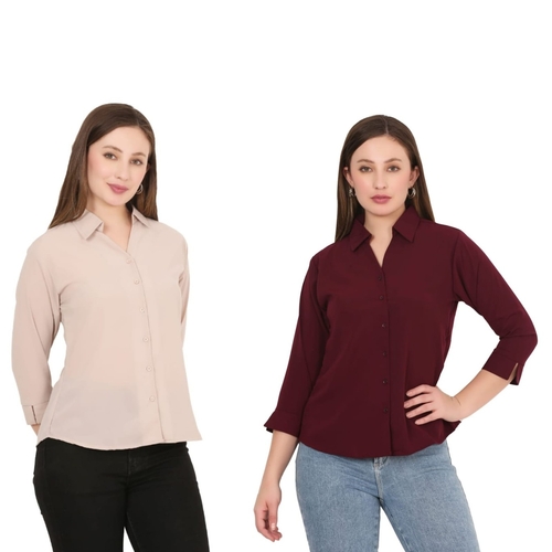 Womens Solid Formal Shirt PACK OF 2 BEIGE AND MAROON  M