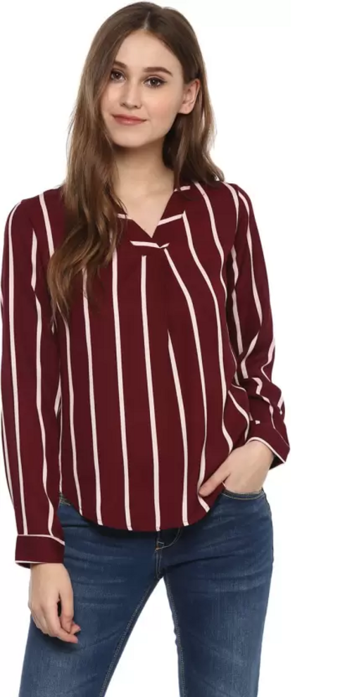 Casual Regular Sleeves Striped Women Maroon Top (Size M)