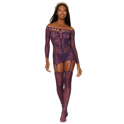 Dreamgirl Fishnet Lace Garter Dress With Attached Stockings Aubergine