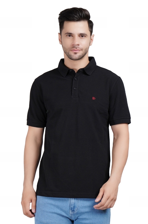 Men Solid Polo Neck Cotton Black T-Shirt (Size L)