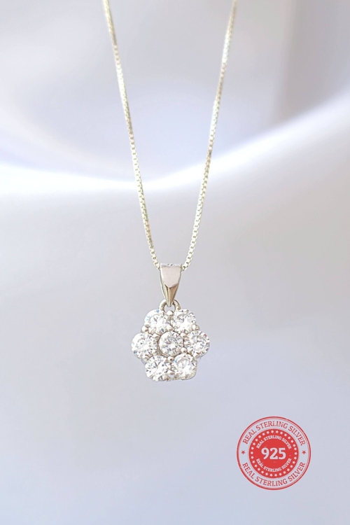 925 Silver Flower CZ Pendant Necklace