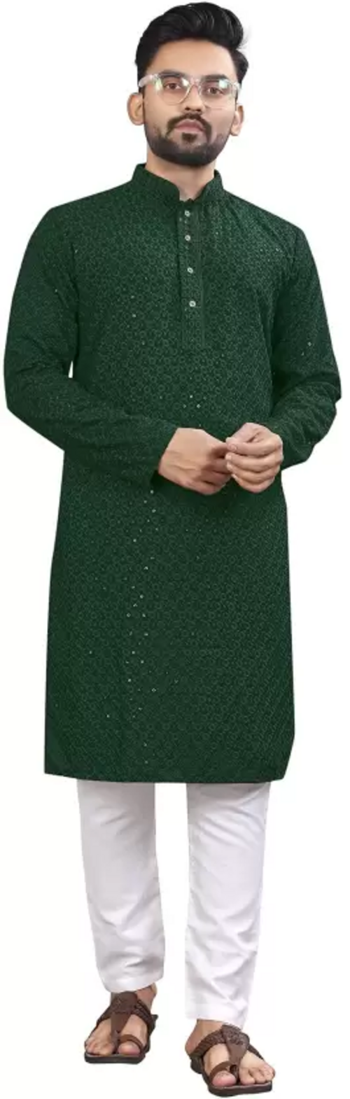Men Embroidered Cotton Rayon A-line Kurta  (Green) (Size UK 38)
