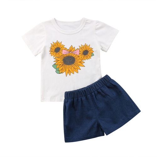 Summer Kids Baby Girl Sunflower Short Sleeves Tops