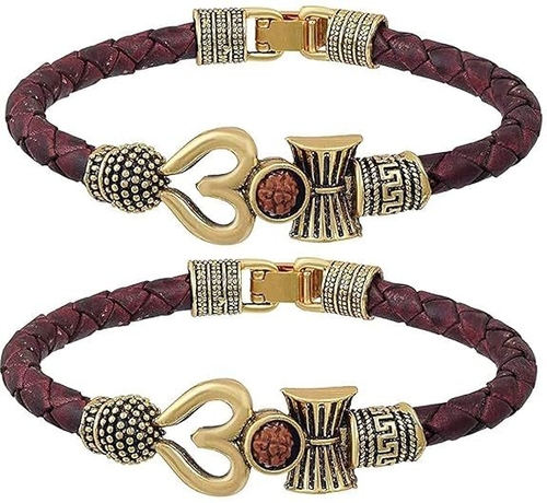 Antique Stylish Rudraksha Trishul Damroo Bahubali Leather Bracelet