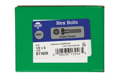 Hillman 811626 0.5 x 5 in. Galvanized Hex Bolt