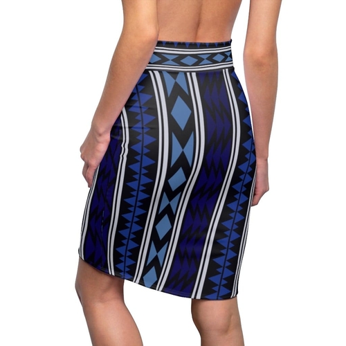 Womens Pencil Skirt - High Waist Stretch - Blue Aztec