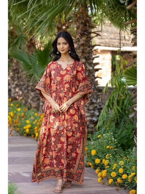 Red Floral Hand Block Printed Cotton Long Kaftan