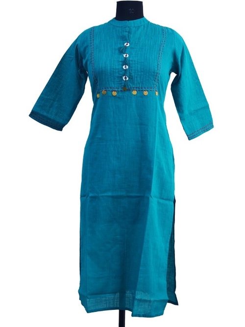 Long Cotton Slub Kurti With Coin And Pintuck Kurti