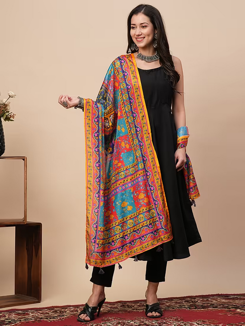 women's multi color ethic print dupatta with tassel detailing