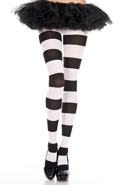 7422-BLACK-WHITE Wide Striped Pantyhose, Black & White