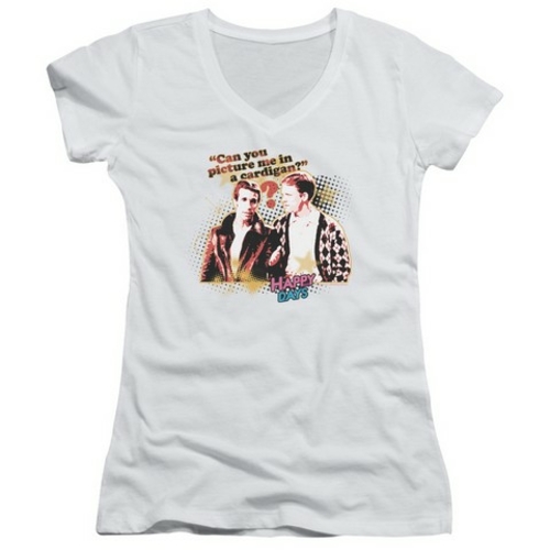 Trevco Happy Days-No Cardigans - Junior V-Neck Tee - White- Extra Larg