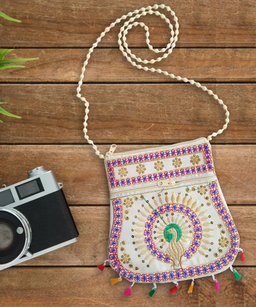 White Women Sling Bag Handcrafted Matka Peacock Cotton