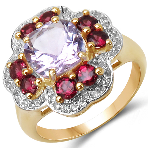 14K Yellow Gold Plated 3.47 Carat Genuine Amethyst, Rhodolite & White