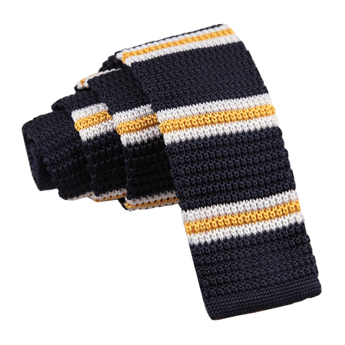 Knitted 3 Thin Stripe Skinny Tie - Knitted Navy with Yellow & White