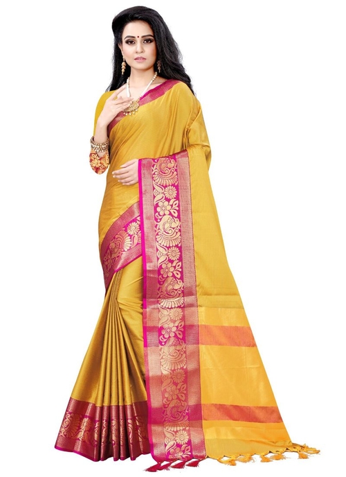 Generic Women's Cotton Silk Saree (Yellow, 5-6