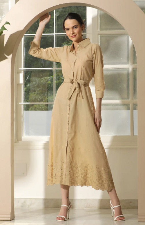 BROWN BEIGE HAKOBA SHIRT DRESS (Size S)