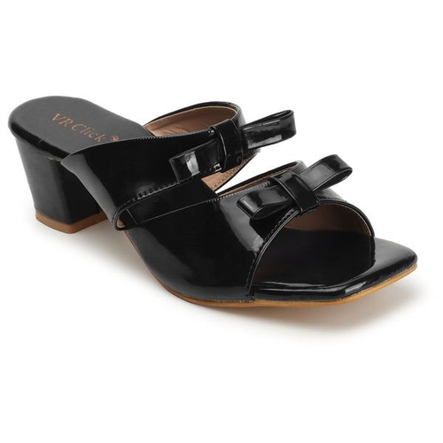 Slip-On Chunky Heeled Sandals with Bow Accent (Size-38) (Color-BLACK)