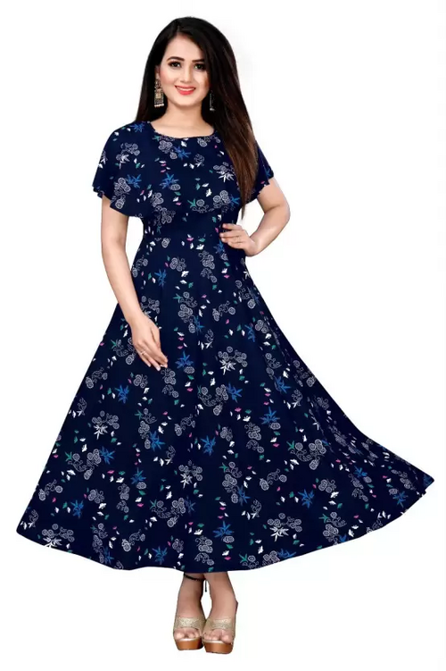 Women's Crepe Stitched Anarkali Gown (Dark Blue) (Size L)