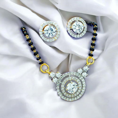 Mangalsutra Pendant Set CZ Diamond With Black Beads Single Strand