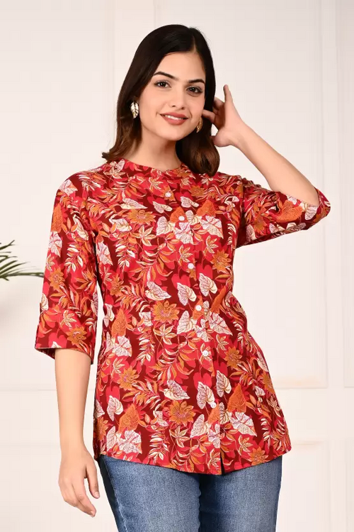 Casual Roll Up Sleeves Printed Women Red Top (Size XL)