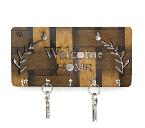 Wooden Welcome Home Key Holder for Home Decor with 5 Hooks Wall Mount