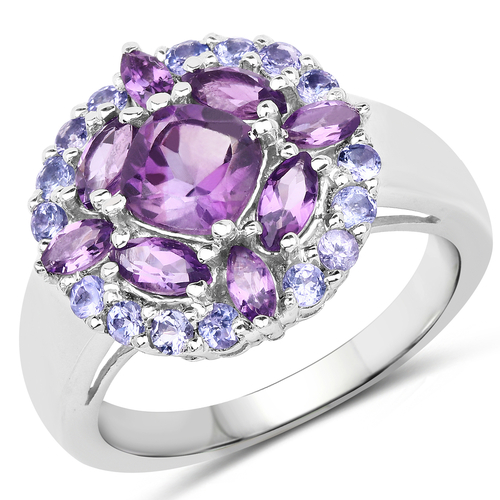 2.19 Carat Genuine Amethyst and Tanzanite .925 Sterling Silver Ring