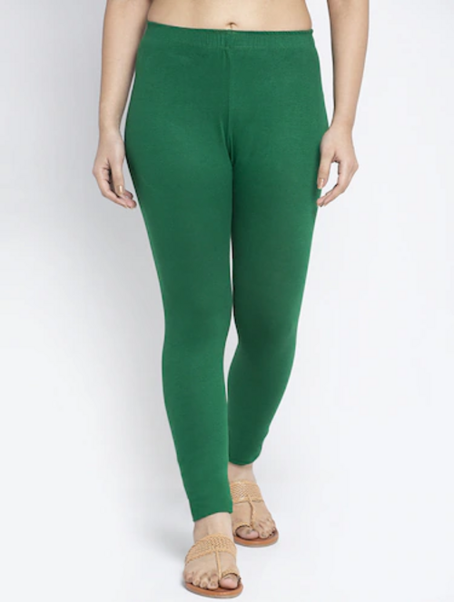 Women's Solid Ankle-Length Leggings(SizeM)(ColorGreen)