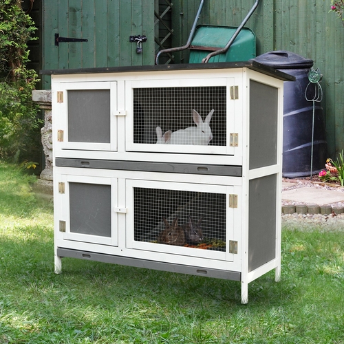 PawHut Solid Wood Rabbit/Bunny Hutch with 2 Large Main Rooms Grey