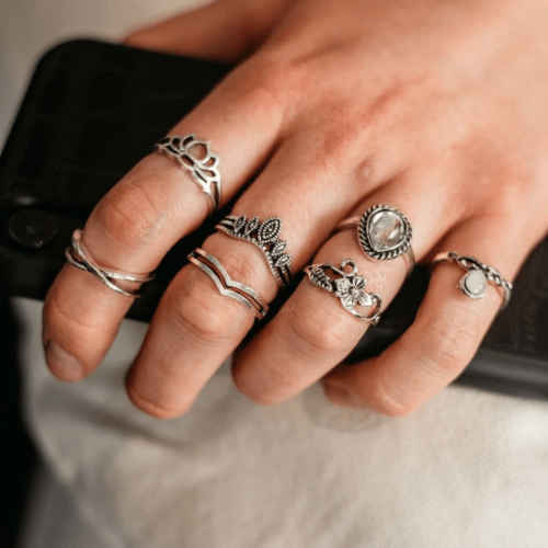 7 Piece White Oxidised Bohemian Vintage Tribal Stacking Retro Ring Set