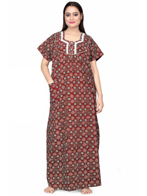 maroon printed detailed maxi nightdress