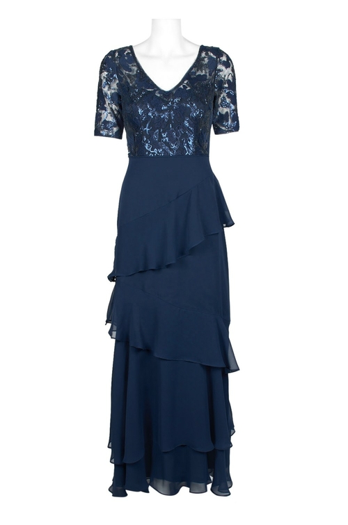 Adrianna Papell V-Neck Short Sleeeve Symetrical Tiered Zipper Back