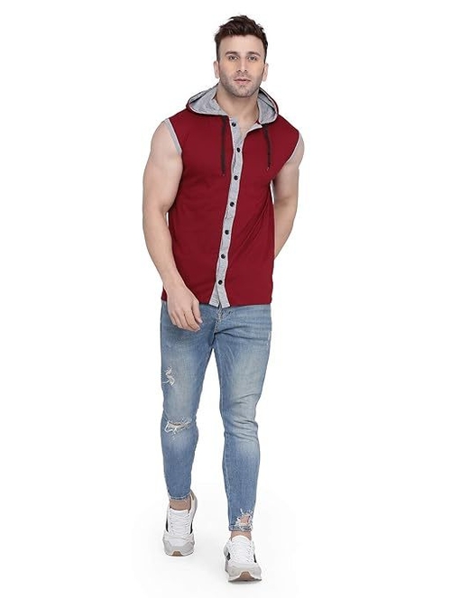 Men's Button Design Hooded Neck Tshirt (Size-L) (Color-MAROON)