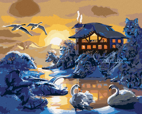 Zuty - Paint by Numbers - ANIMALS AT THE HOUSE AND SUNSET (D. RUSTY