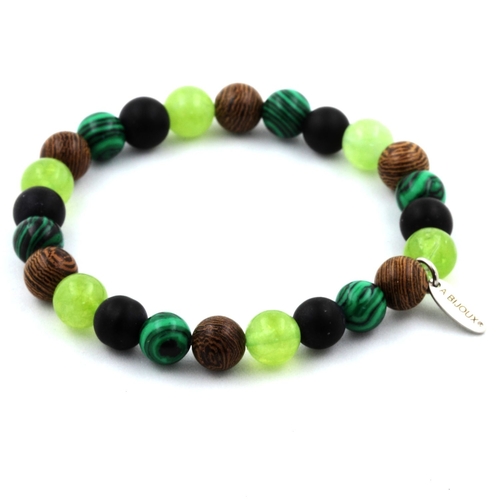 Peridot + Malachite + Matte Black Onyx + Wood Bracelet 8 mm Beads.