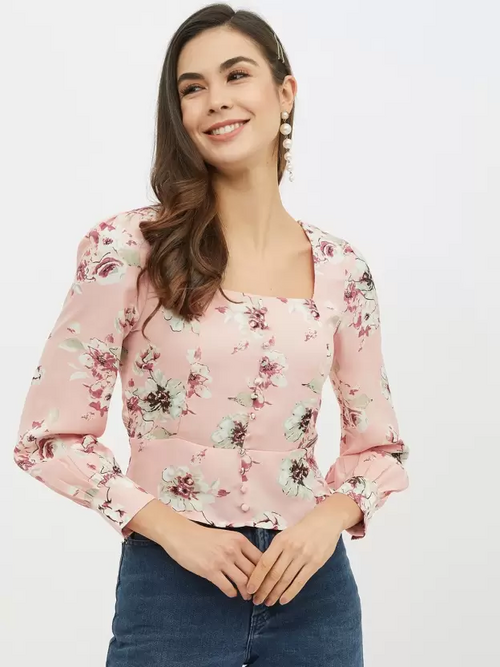 Casual Regular Sleeves Printed Women Pink Top (Size L)