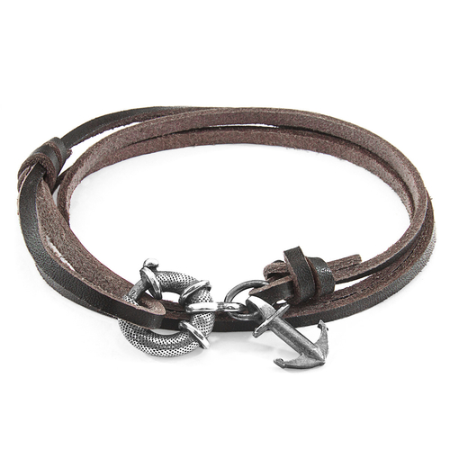 Dark Brown Clyde Anchor Silver & Flat Leather Bracelet