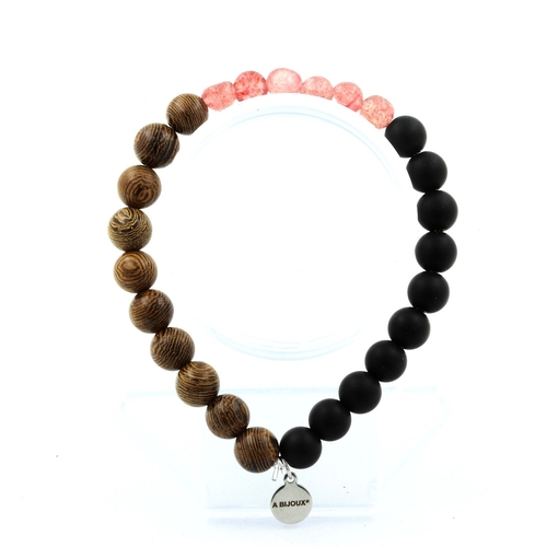 Strawberry Quartz + Matte Black Onyx + wood Bracelet 8 mm Beads.