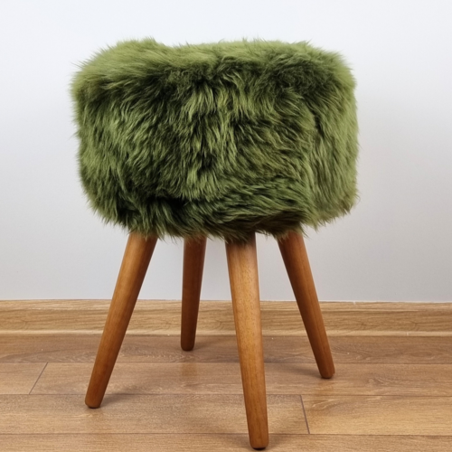 Dark green genuine sheepskin stool with oak legs