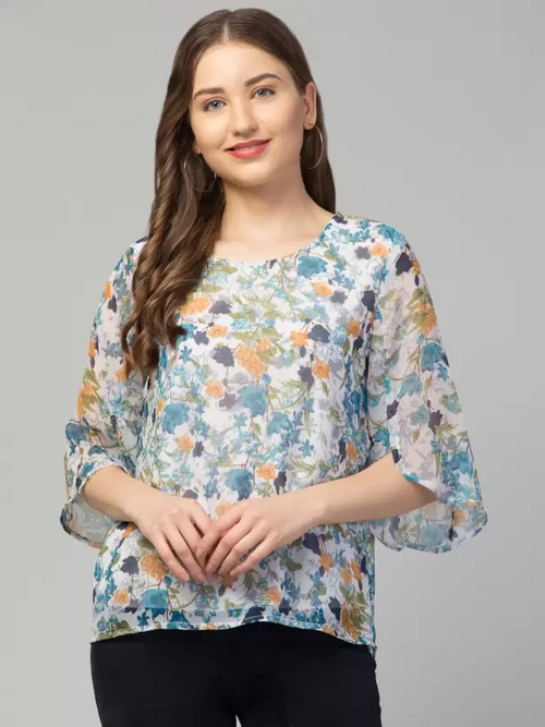 Casual Slit Sleeves Printed Women Blue Top (Size M)